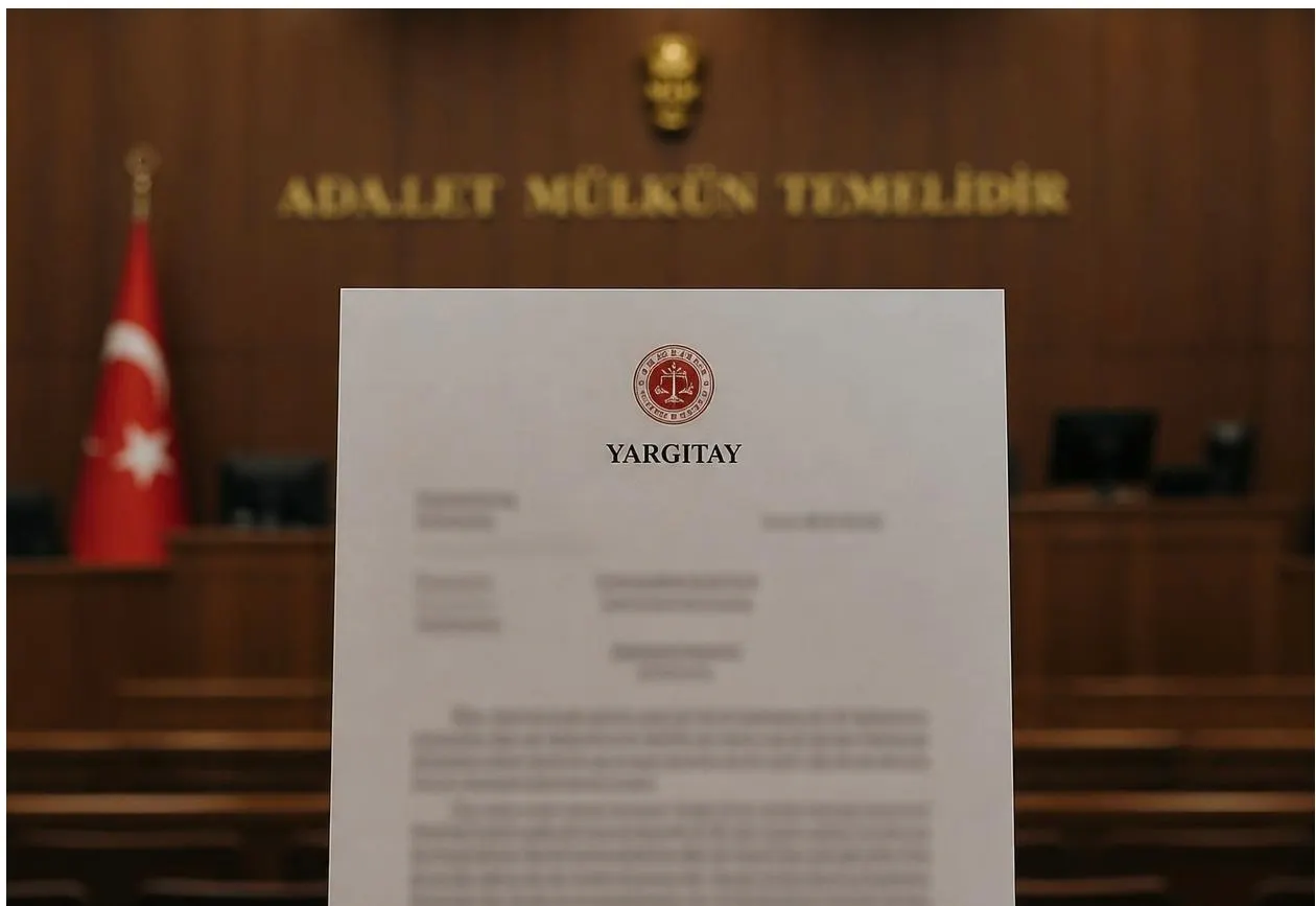 Arka planda 'Adalet Mülkün Temelidir' yazısı bulunan bir duruşma salonunda, Yargıtay başlıklı bir karar belgesi